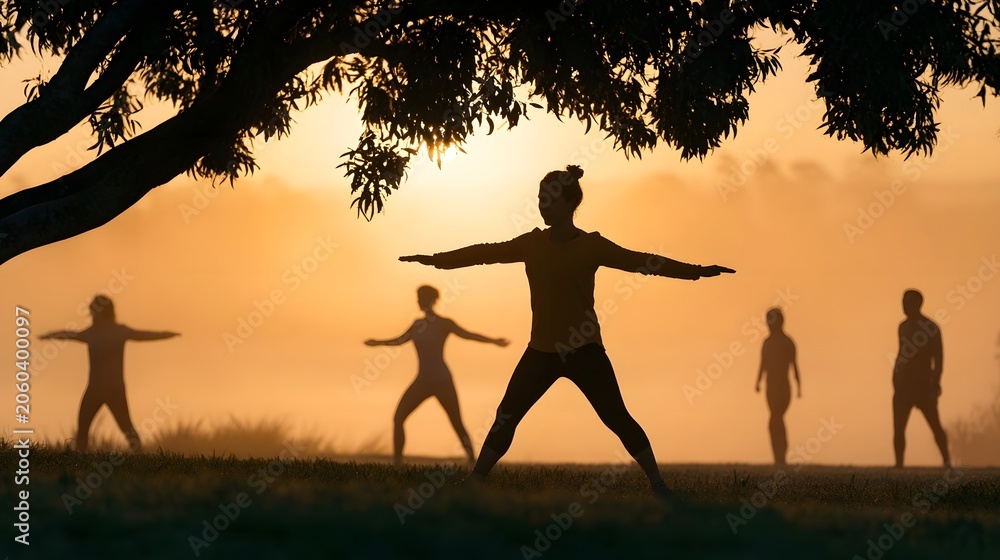 Fototapeta premium An inspi nal fitness scene bathed in soft dawn light conveys a dynamic and motivational atmosphere