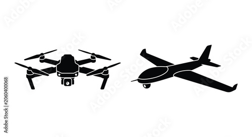 Fotografía Two unmanned aerial vehicles a quadcopter and fixed wing drone in black silhouet