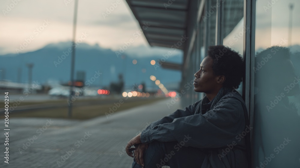 Obraz premium Portrait of thoughtful traveler sitting alone at bus station, distant mountains visible beyond, reflective travel moment, emotional storytelling