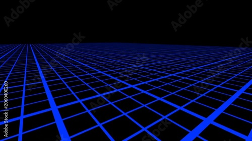 Grid lines stretch across a deep black horizon to simulate a digital environment.