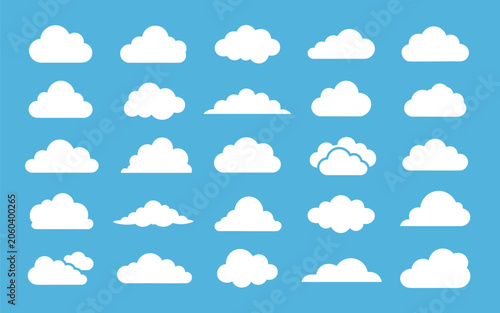 collection of white cloud shapes vector isolated on sky blue background