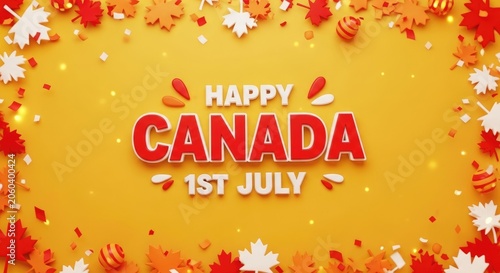 Happy canada day typography on yellow background with festive maple leaf ornaments.