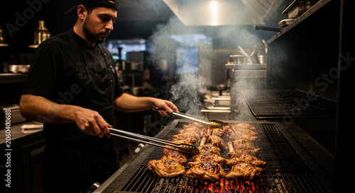 Professional chef grilling chicken thighs on a charcoal grill in a commercial kitchen