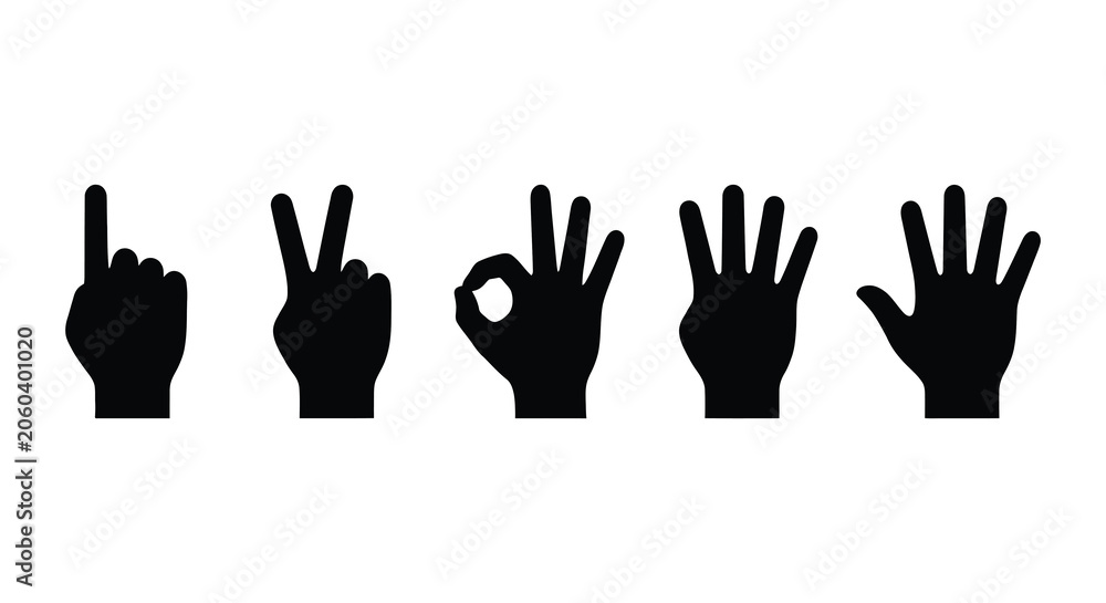 Obraz premium Five hand gestures in black silhouette against a white background silhouette hands gesture pointing victory