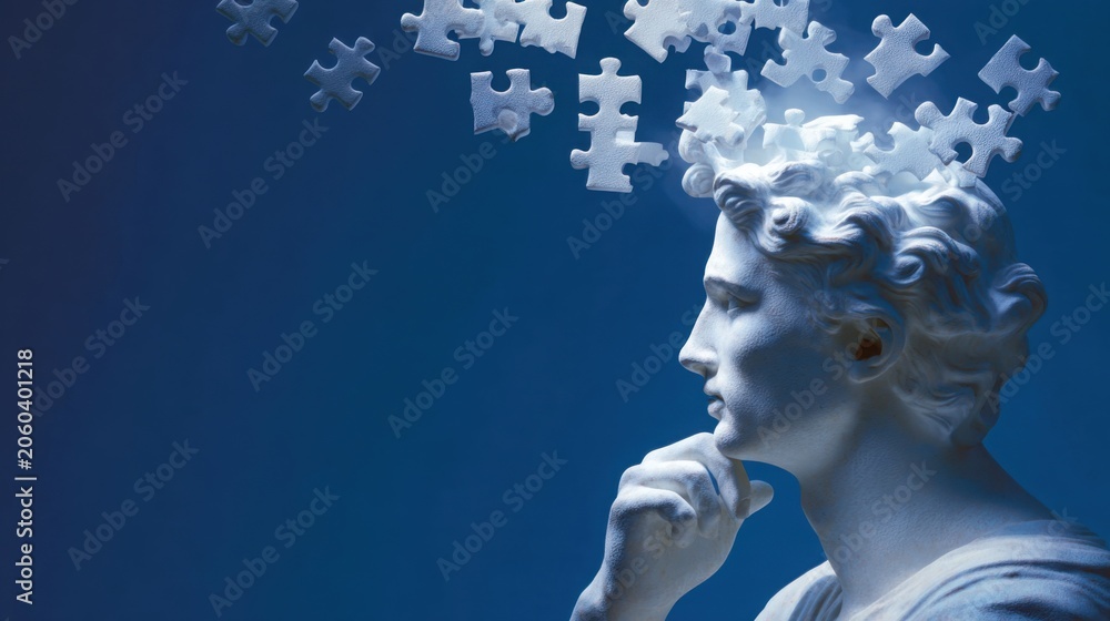 Naklejka premium White marble statue contemplating glowing floating puzzle pieces around head, deep blue background, critical thinking concept, hyper realistic