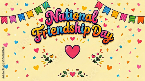 National friendship day text with colorful bunting banners hearts and confetti on a light yellow background for social media.