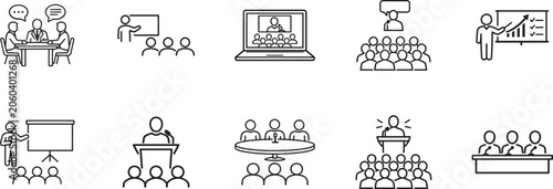 Presentation icon set with thin line editable stroke symbols for speeches, conferences, and events.