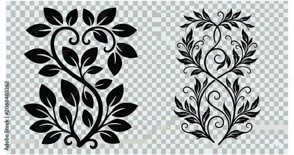 Fototapeta premium Black Floral Vine and Leaf Ornament Set - Elegant Silhouette and Baroque Vector Designs 