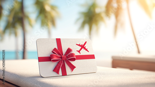 Travel gift card placed on a tropical beach near a sun lounger with palm trees and turquoise ocean in the background. Gift, tourism, vacation and travel experience concept.