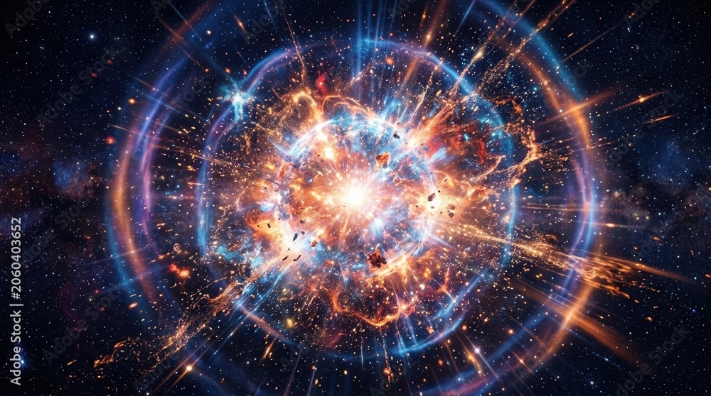 Obraz premium Supernova explosion in deep space. Cosmic burst of energy with blue and orange light rings. Big bang and creation of the universe concept