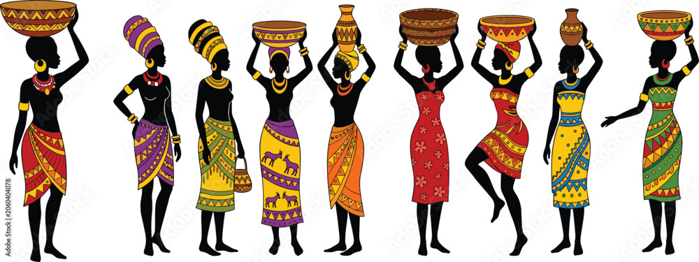 Fototapeta premium African women silhouettes carrying traditional baskets and water clay pots on their heads