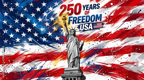 Statue of Liberty with American flag and 250 years of freedom text illustration