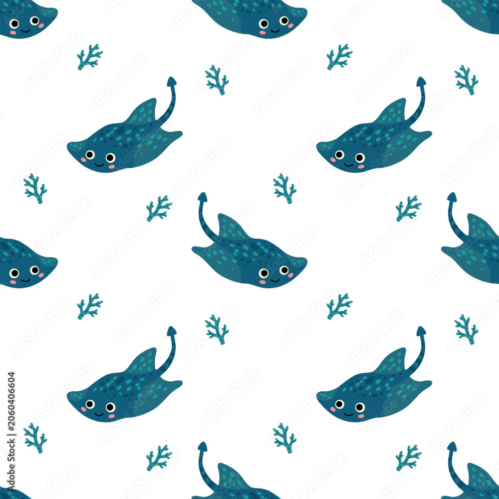 Fototapeta premium Smiling stingray seamless pattern with coral accents on soft background, perfect for nursery decor, kids textiles