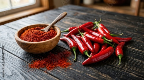 A wooden bowl filled with red chili powder and a spoon on a dark wooden table with a pile of red chili peppers