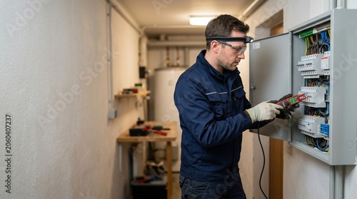 Professional electrician inspecting an electrical panel with a multimeter. Male technician in blue uniform and safety gear working on a fuse box in a basement. Electrical maintenance service