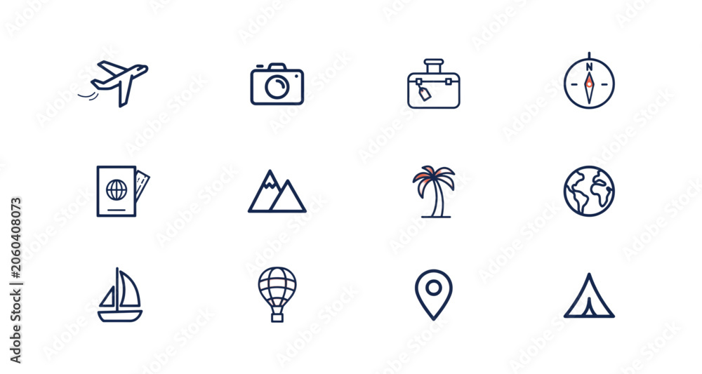 Fototapeta premium Set of twelve minimalist travel and vacation icons Vector