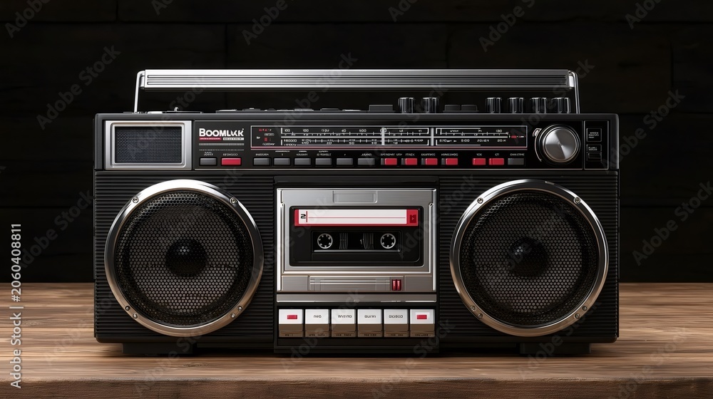 Naklejka premium Classic black ghetto blaster with a chromium finish and an audio cassette inside, representing vintage technology, hip hop culture, and a throwback to the 80s music era