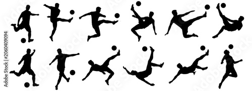 Football, soccer players silhouettes in various poses, kicking soccer ball vector illustration	