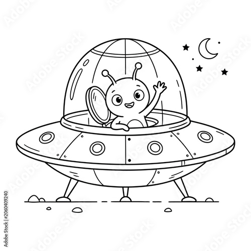 Friendly alien waving from a flying saucer during a starry night concept vector silhouette