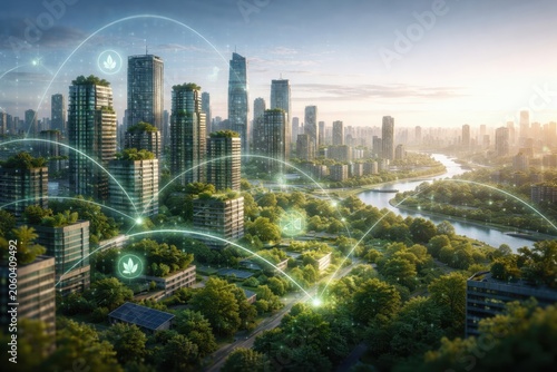 Futuristic smart city with green eco skyscrapers and a river covered by digital data network lines.