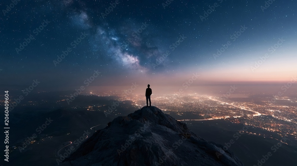 Fototapeta premium Man standing as a silhouette on a mountain peak admiring the milky way and a glowing city illuminating the vast landscape below. Symbolizing exploration and human connection with nature and the cosmos