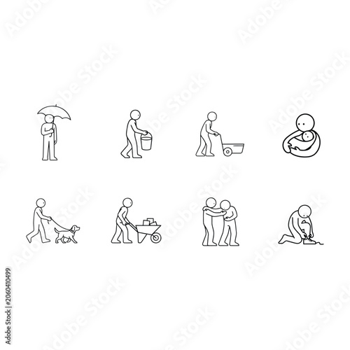 Stick figures showing various actions people activities