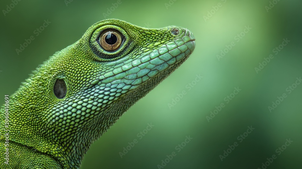 Fototapeta premium Detailed profile of a vibrant green lizard showing the intricate textures and patterns of its scales against a softly blurred natural background