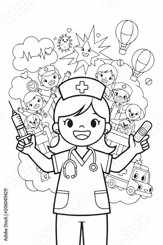 Cartoon Nurse With Syringe And Medical Icons