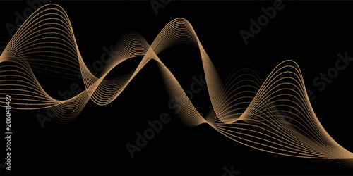 Gold abstract waves background. Golden curve lines vector illustration isolated on black. Luxury glitter shiny swirl pattern.