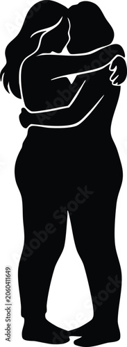 Romantic Couple Silhouette Vector Illustration, Loving Man and Woman Embrace Black Shadow Isolated on White Background