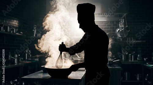 A chef cooks intensely with utensil in a dark kitchen with smoke.