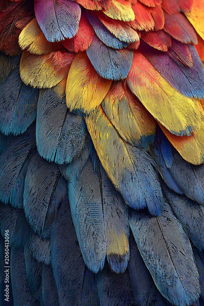 Obraz premium Close-up Macro Shot of Vibrant Macaw Parrot Feathers in Full Color Spectrum.