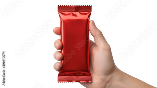 Hand holding red tube of lip balm close-up