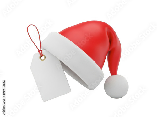 Red santa hat with gift tag and ribbon