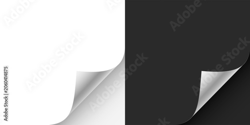 Paper curl corner background. Curled paper corner with realistic page fold effect. White sheet edge peeling back, revealing shadow and depth. Minimal vector illustration.