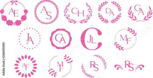 Bild auf Leinwand Elegant wedding monogram frames and circular wreaths set with initials and flora