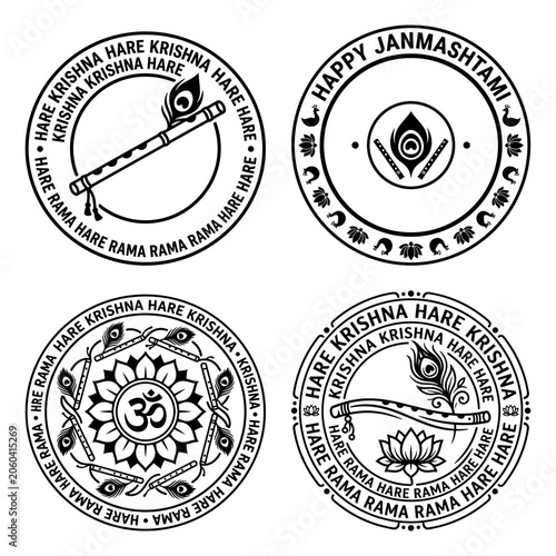 Schilderij op canvas Hare Krishna mantra mandala badge vector set