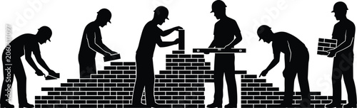 Quadro su tela Construction worker silhouette illustration with bricklaying, mortar, spirit lev
