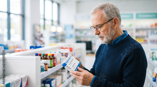 An elderly man stands in a pharmacy looking at a product he is holding. He examines the details on the box while shelves of various health items are in the background