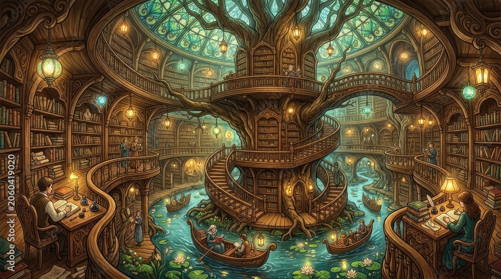 Fototapeta premium Whimsical library with tree and winding staircase