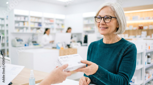 A woman is at a pharmacy counter receiving a package from a staff member. The store has shelves filled with products. A second staff member assists another customer in the background