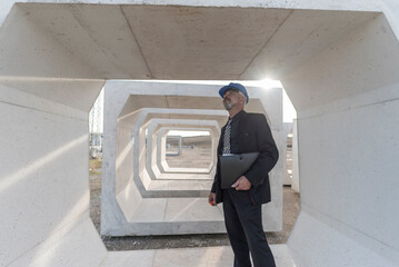 Industrial inspector checks the quality of the concrete structures and frames used for the construction of bridges and aqueducts