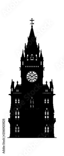 Black silhouette of a tall gothic clock tower building with detailed architecture and spire isolated as a graphic icon design element for creative projects
