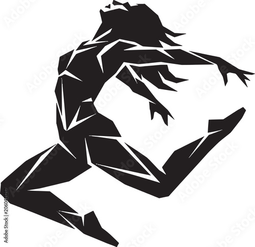 Black silhouette of a young woman jumping and dancing with energy showing a dynamic pose in a creative graphic style for sports fitness or artistic design