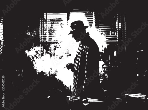 A mysterious man wearing a hat and coat standing in a dark room with smoke in a high contrast black and white grainy film noir style photograph for horror