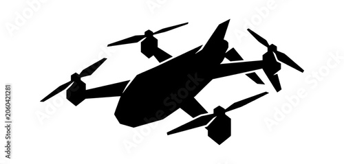 Black silhouette icon of a modern drone quadcopter flying in the air representing remote controlled aerial vehicle technology for surveillance and photography