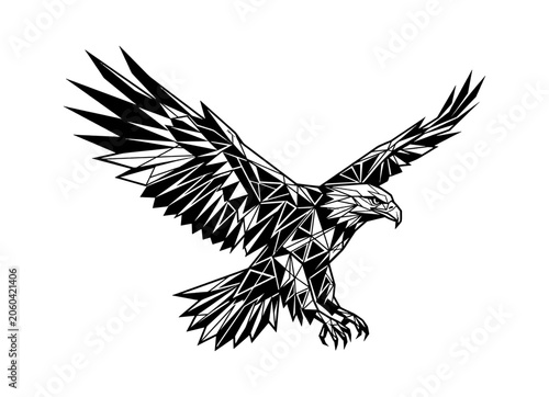 A detailed black and white illustration of a powerful bald eagle flying with wings spread wide in a classic hand drawn sketch style for creative graphic design