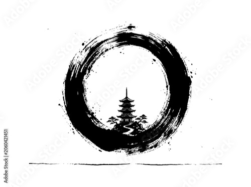Black ink brush stroke enso circle with a traditional japanese pagoda temple silhouette inside representing zen meditation harmony and peaceful culture