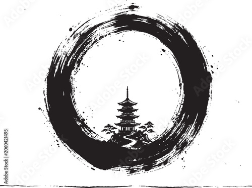 Black ink brush stroke enso circle with a traditional japanese pagoda temple silhouette inside representing zen meditation harmony and peaceful culture