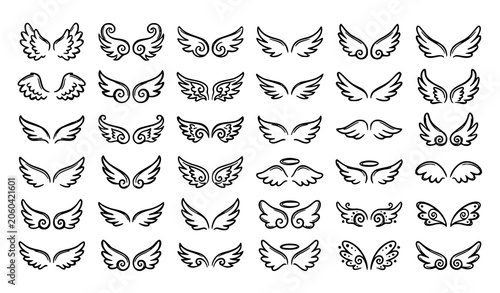 Schilderij op canvas Decorative Angel Wings Collection Outline Tattoo Style Vector Illustration Set